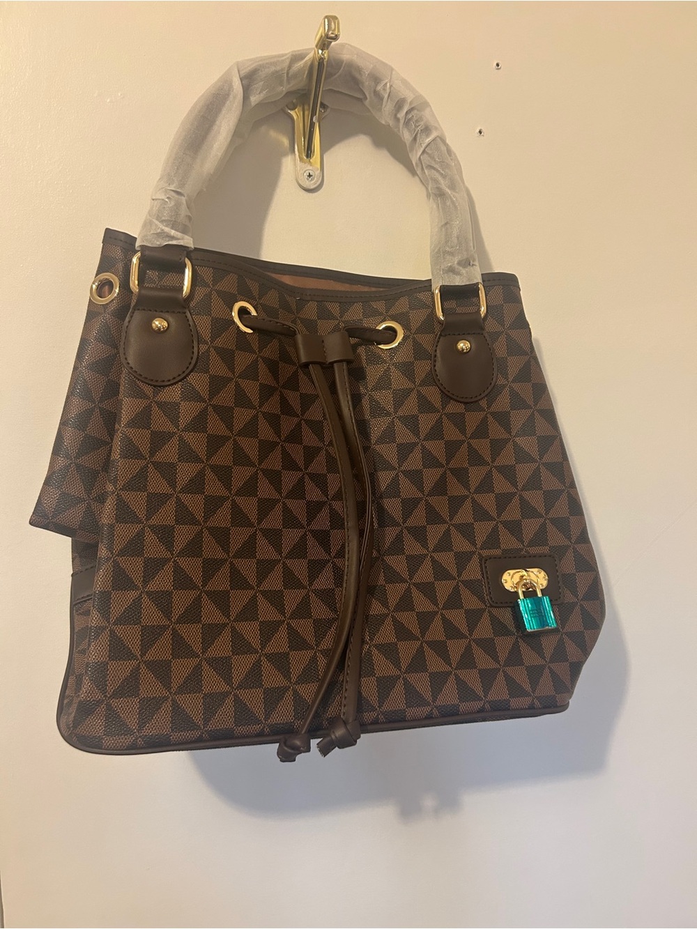 Brown Geometric Drawstring Tote Bag - Women